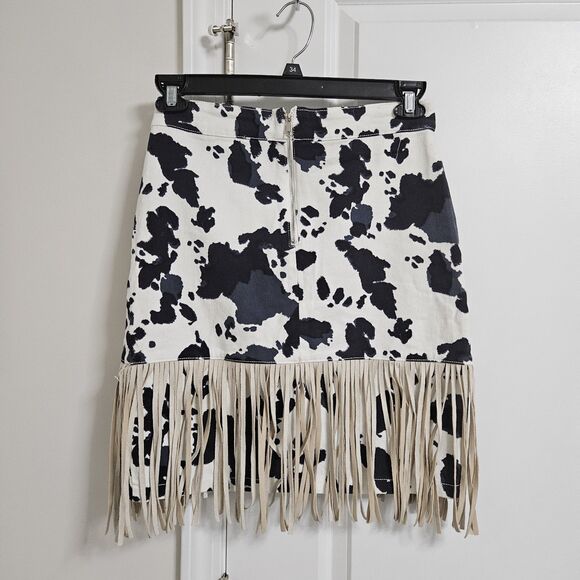 Peach Love California Suede Fringe Western Mini Skirt Women's Small Cow Print - Picture 9 of 9